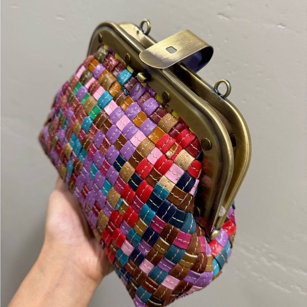 Colorful Woven Cowhide Leather Retro Metal Frame & Push Lock Handbag, Crossbody - Picture 11 of 14